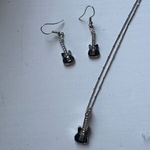 Guitar Pendant Necklace and Earrings Set - Black and Silver